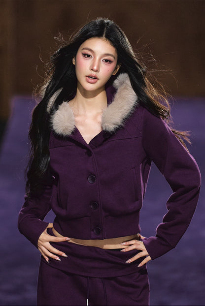 Faux Fur Hooded Cropped Hoodie &amp; Jogger Set