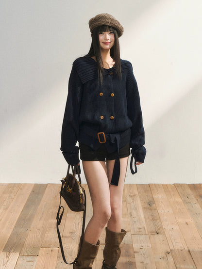 Double-Breasted Belted Knit Cardigan