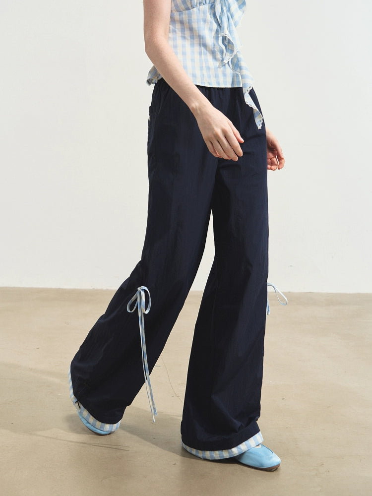 Floral-Patchwork Lightweight Checkered Utility Pants