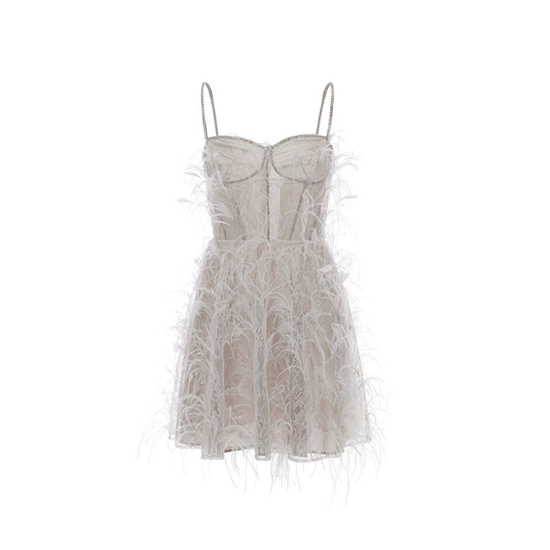 Beige Lace Feather Tassel Dress