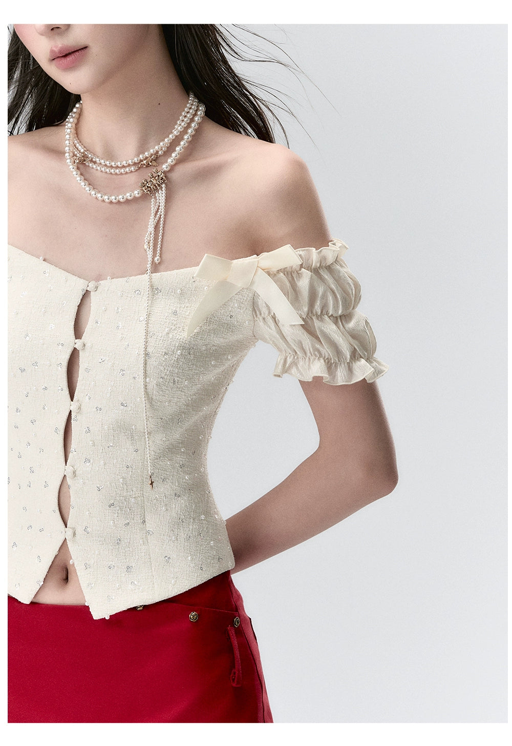 Off-the-Shoulder Sparkly 3D Pearl Mesh Blouse - CHINASQUAD