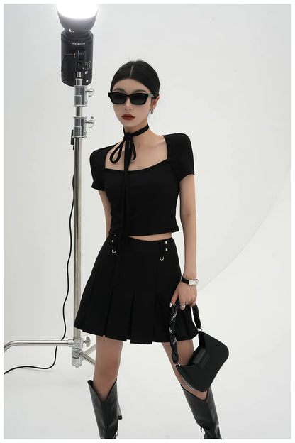 Tie-Detail Square-Neck Cropped T-Shirt