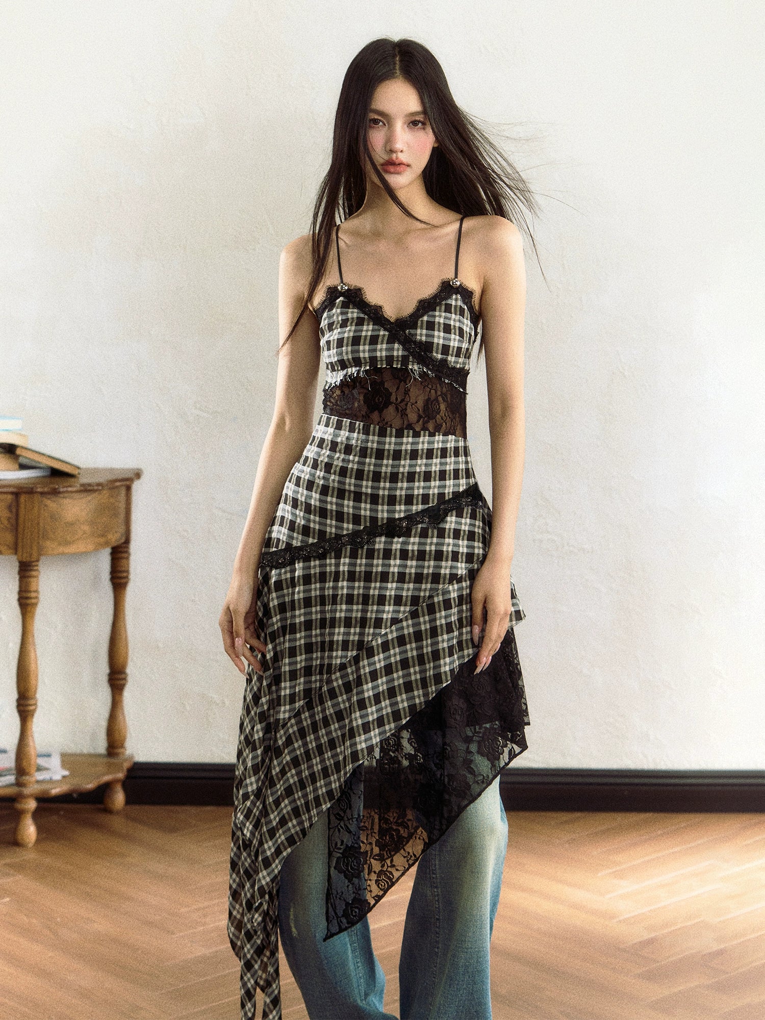 Black &amp; White Plaid Lace Splicing Suspender Midi Dress - CHINASQUAD