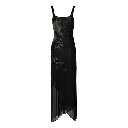 Noir Dragon Crystal Mesh Maxi Dress
