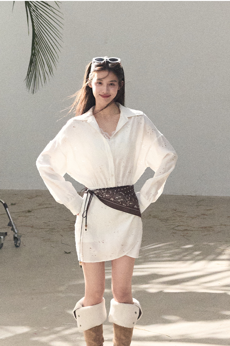 Waist-Cinched Long-Sleeve Shirt Dress