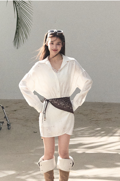 Waist-Cinched Long-Sleeve Shirt Dress
