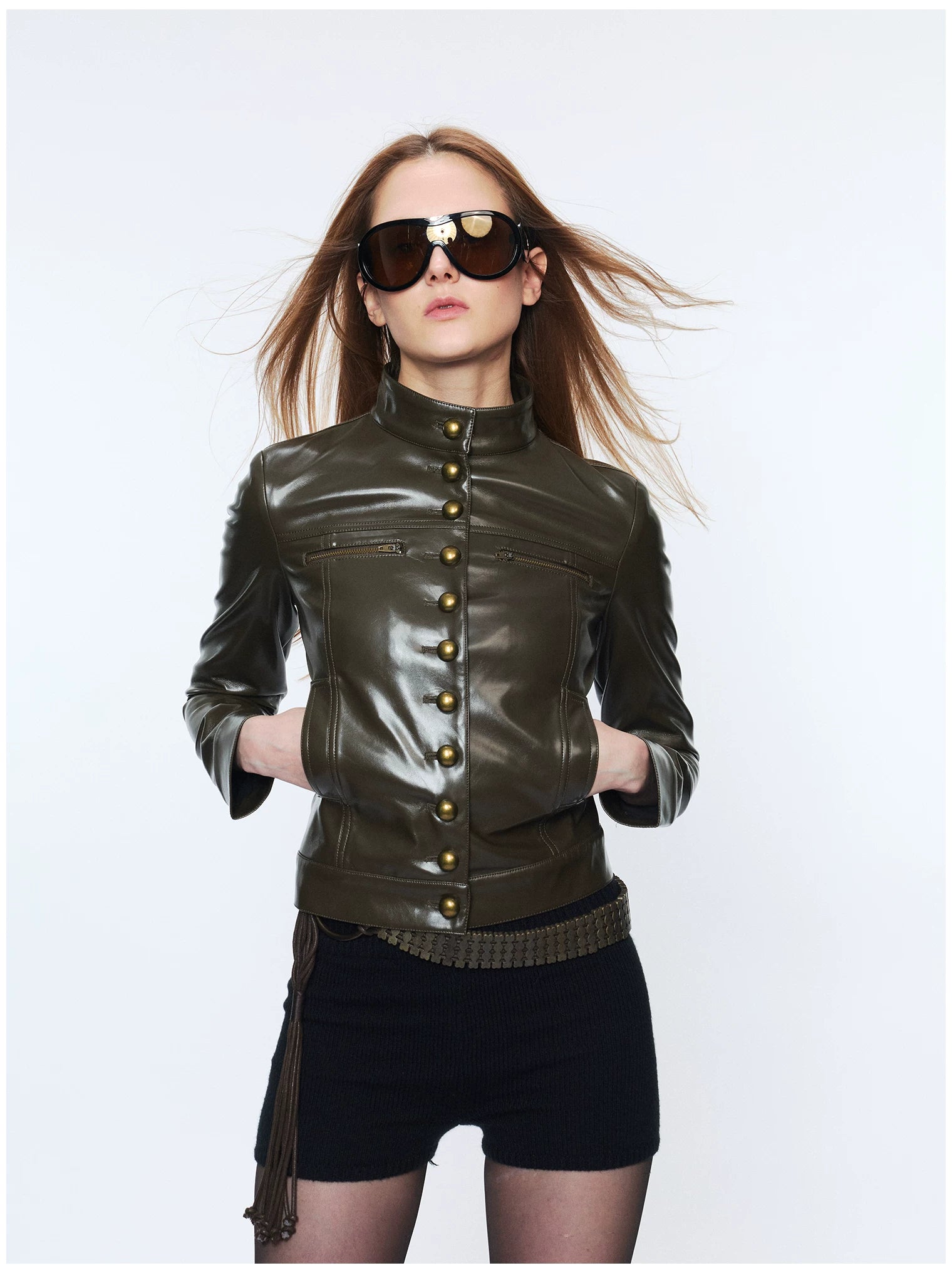 Punk Metal Button Waist-Cinched Faux Leather Jacket
