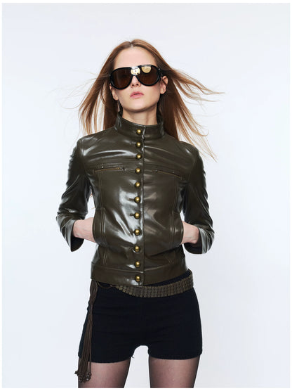 Punk Metal Button Waist-Cinched Faux Leather Jacket