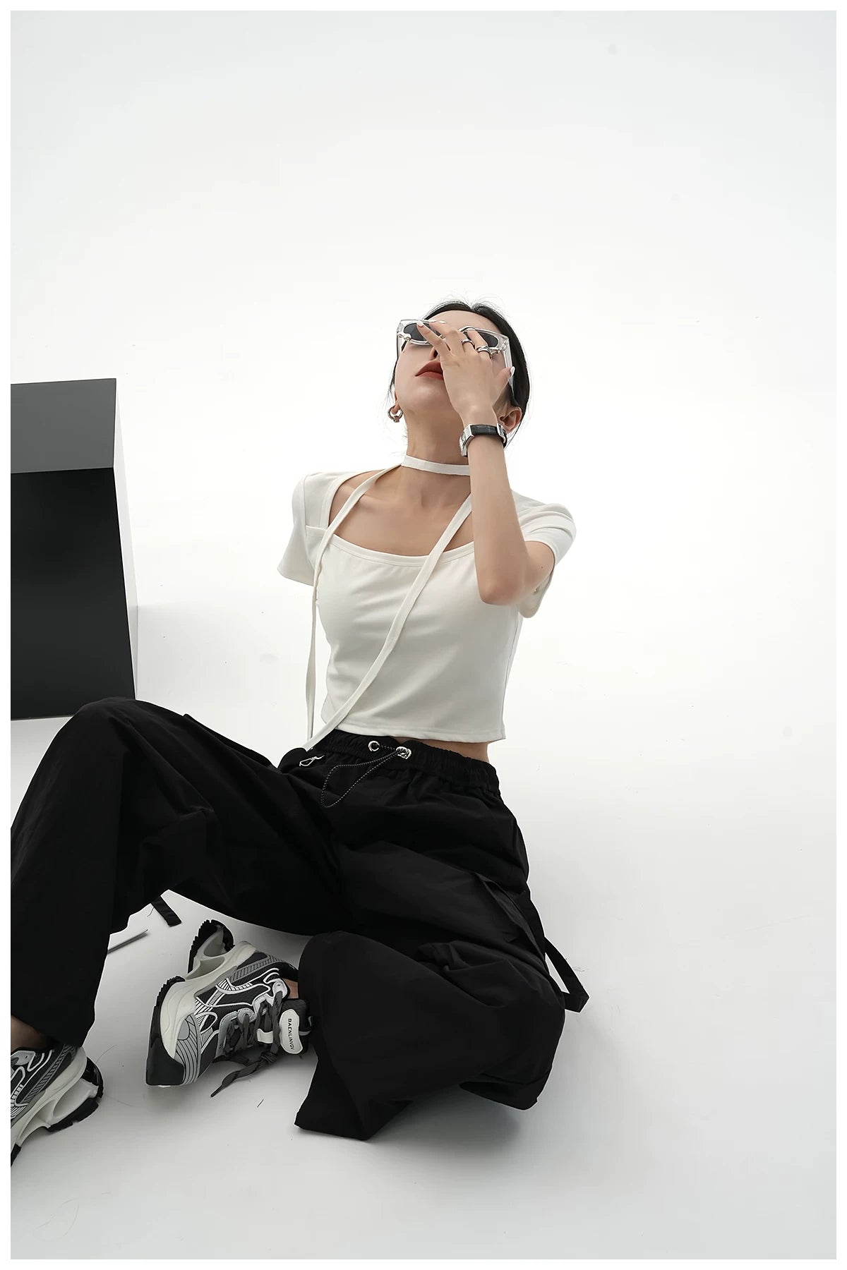 Tie-Detail Square-Neck Cropped T-Shirt