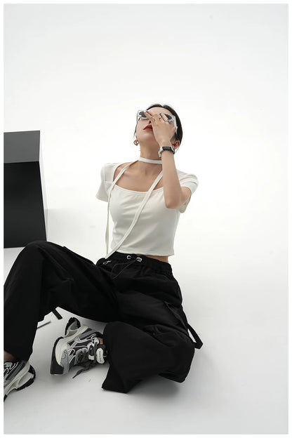 Tie-Detail Square-Neck Cropped T-Shirt