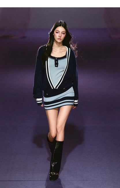 Striped Deep V Knit Dress &amp; Cardigan Set