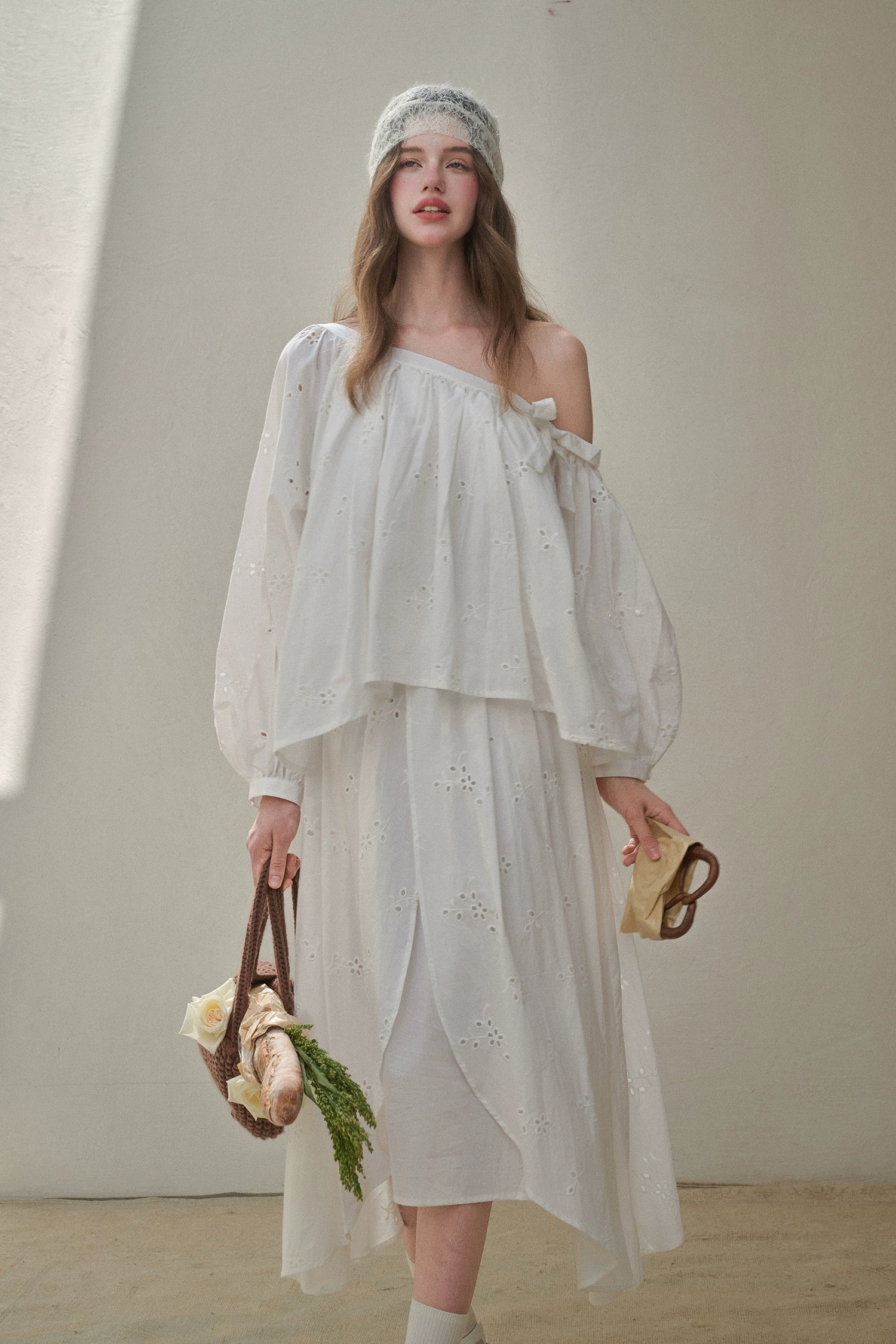 “Good Weather” Embroidered Cotton Blouse &amp; Skirt Set