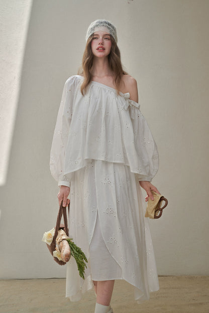 “Good Weather” Embroidered Cotton Blouse &amp; Skirt Set