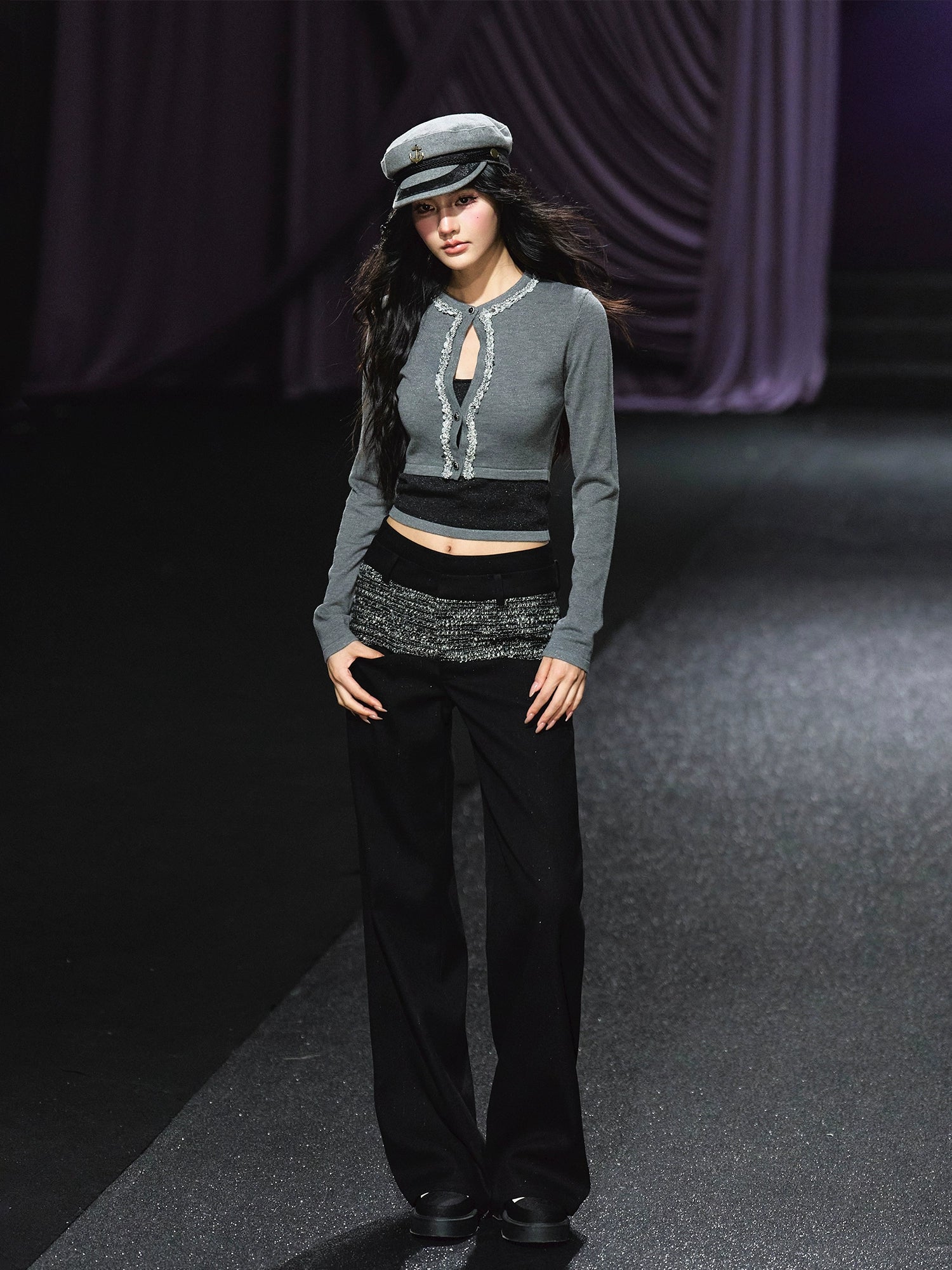 Contrast Waistband Tweed-Panel Straight Pants