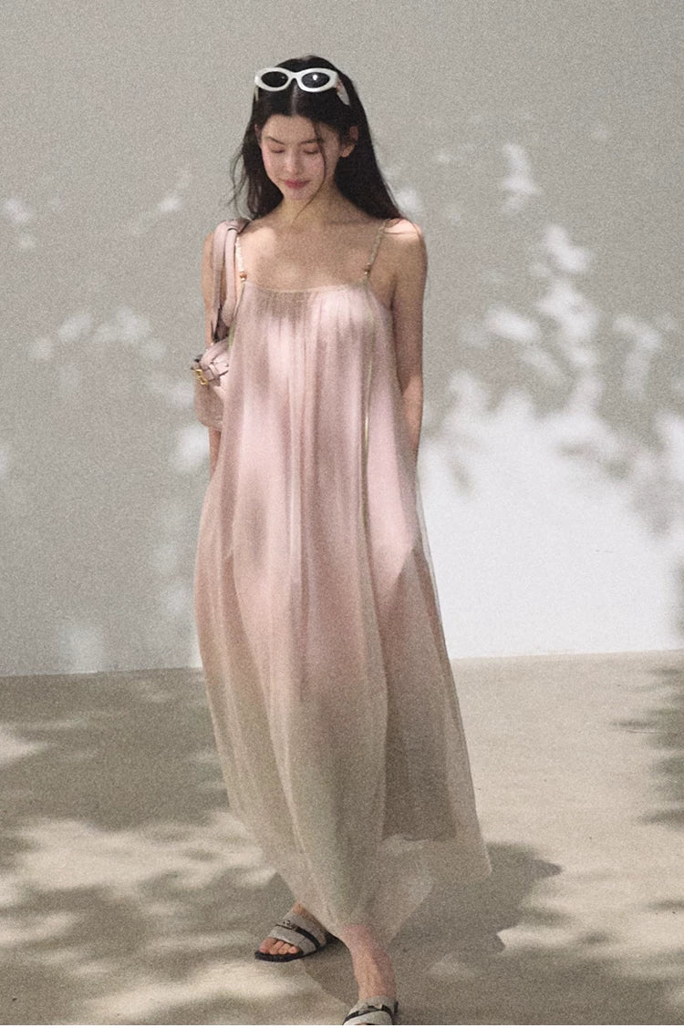 Pink Sand Layered Tulle Camisole Maxi Dress