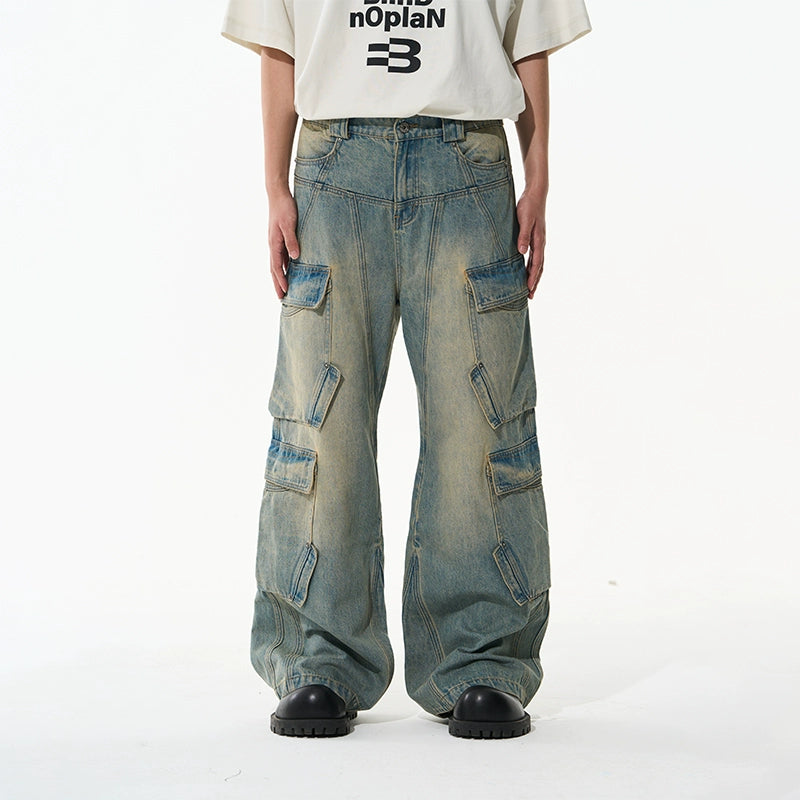 Washed Pocket-Panel Straight-Leg Denim Cargo Pants
