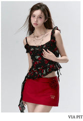 "I LOVE ME" Embroidered Rose Belt A-Line Mini Skirt - CHINASQUAD