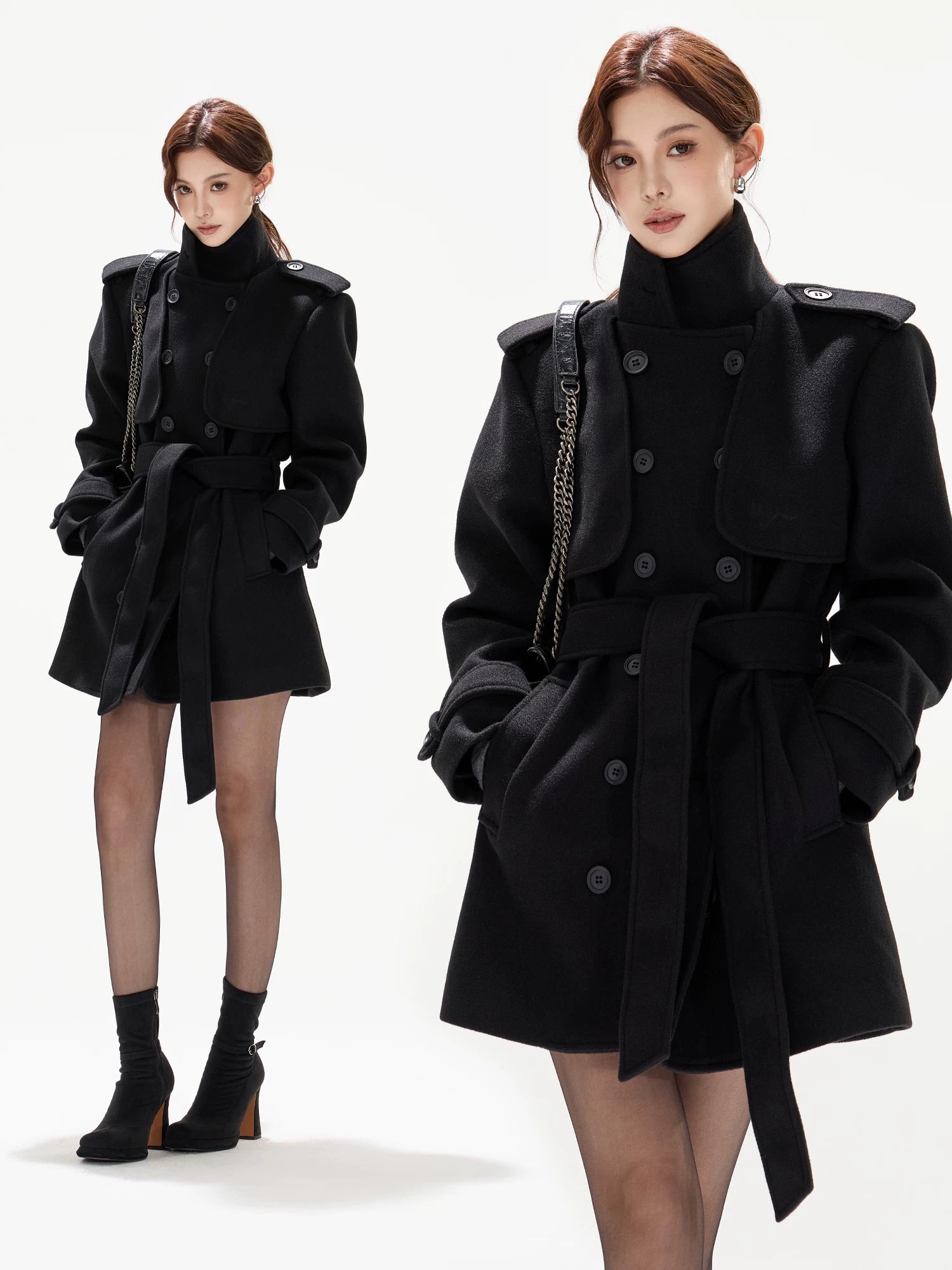 Belted Collar Mid-Length Wool-Feel Jacket