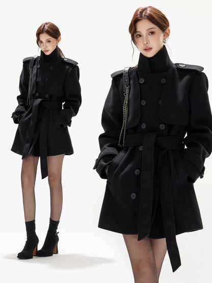 Belted Collar Mid-Length Wool-Feel Jacket