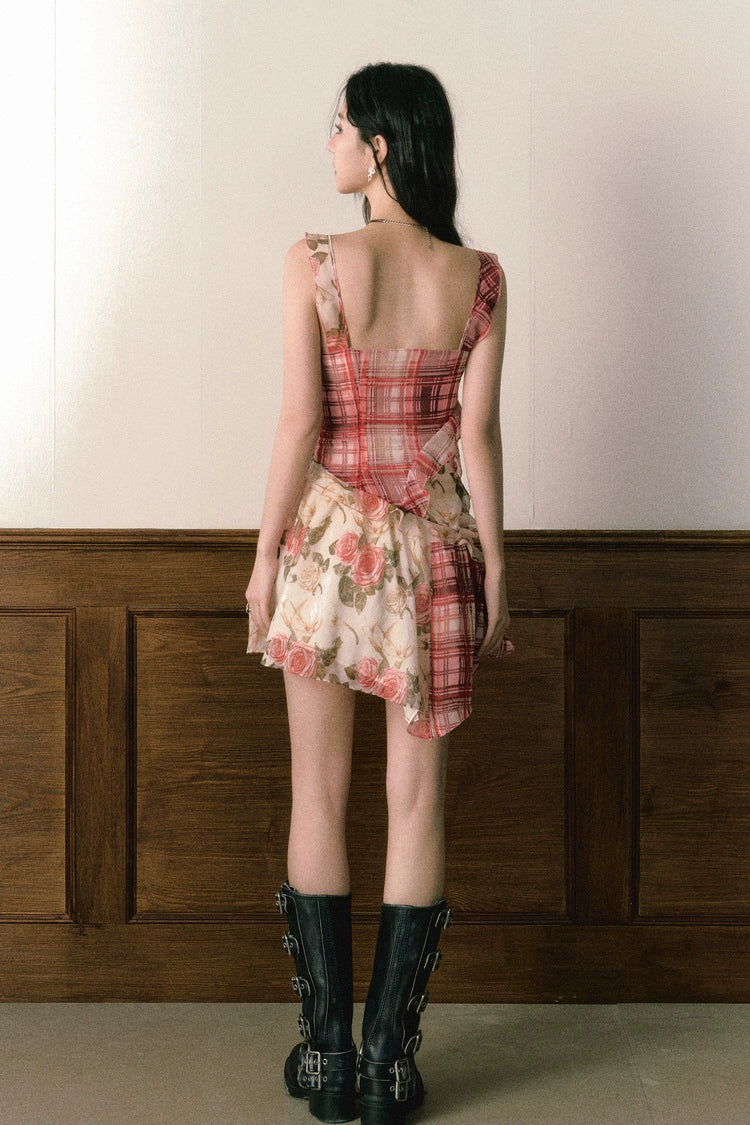 Red Plaid Rose Floral Dress