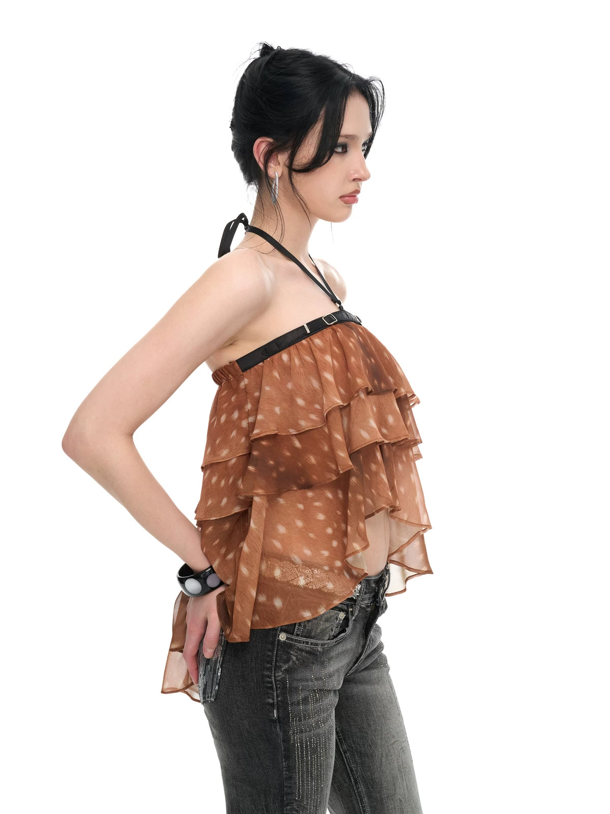 Fawn Print Asymmetric Chiffon Halter Backless Layered Blouse