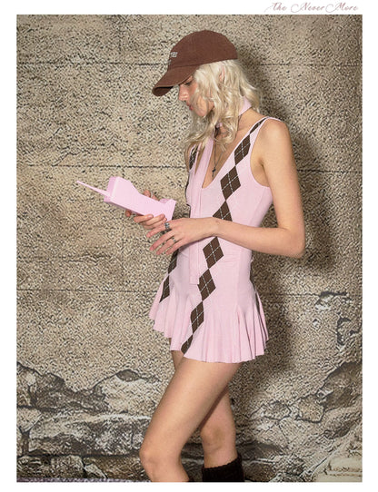 Deep V Knit Pleated Mini Dress &amp; Shorts Set