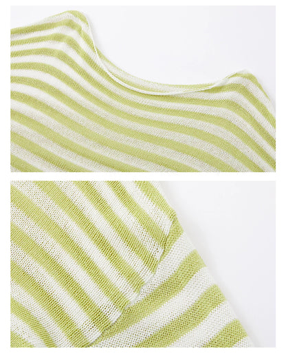 Washi Yarn Striped Off-Shoulder Long Sleeve Knit Top