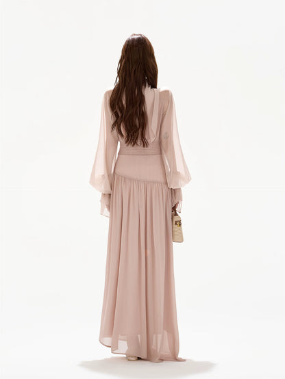 V-Neck Lantern Sleeve Maxi Dress