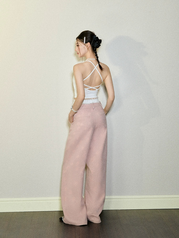 Pink &amp; Gray Camellia Print Wide-leg Pants