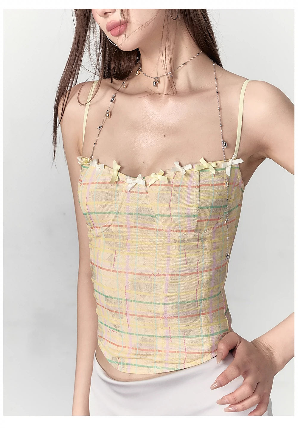 Pink &amp; Yellow Plaid Bow Tie Tank Top - CHINASQUAD