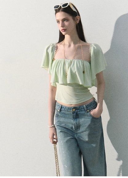 Mint Dream Shimmer Off-Shoulder T-Shirt