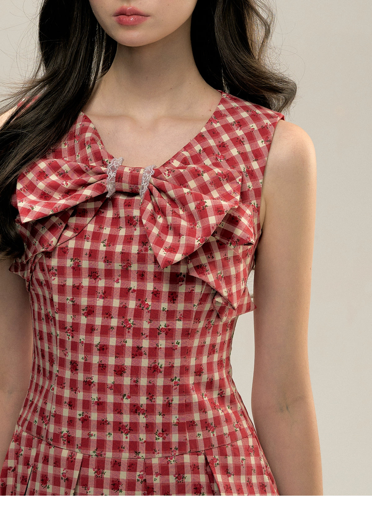 Red Gingham Sleeveless Round-neck Dress