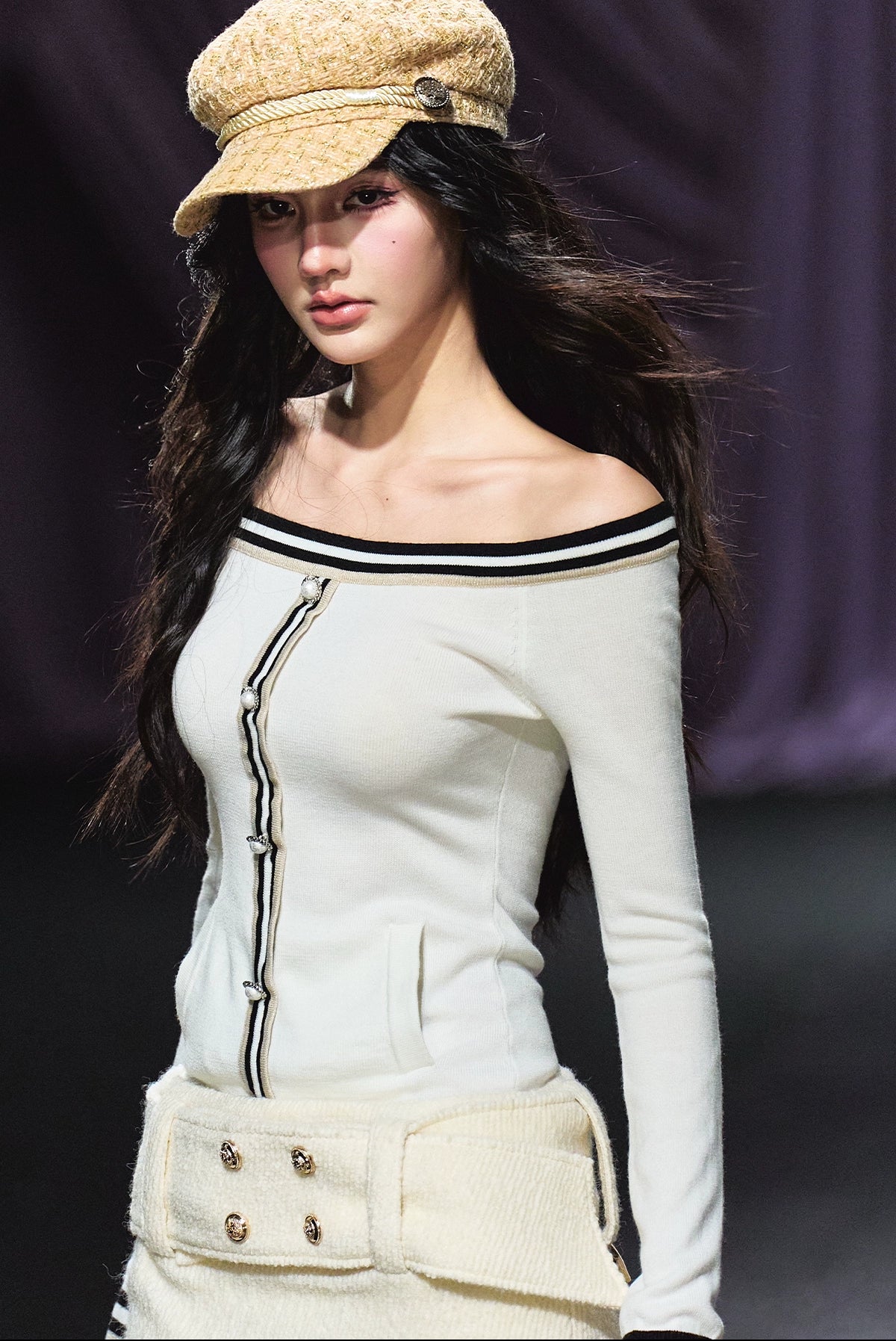 Off-Shoulder Wool-Blend Slim Knit Cardigan