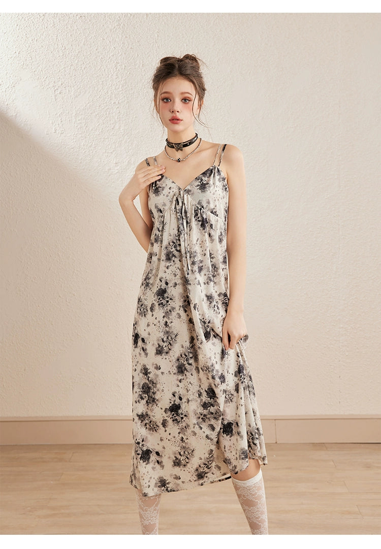 Apricot Rose Tie-Dye Floral Spaghetti Strap Dress