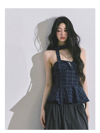 “Blue Rhythm” Plaid Corset Peplum Tube Top