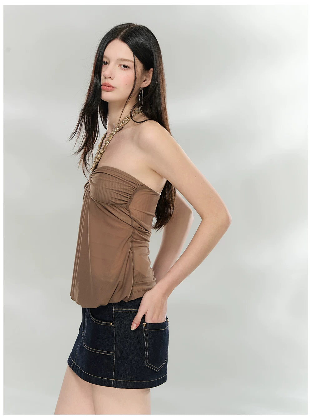 Sheer Double-Layer Mesh Halter Backless Top