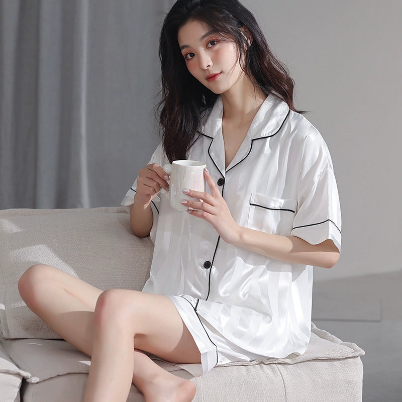 Ice Silk Thin Short-sleeve Cardigan Pajama Set