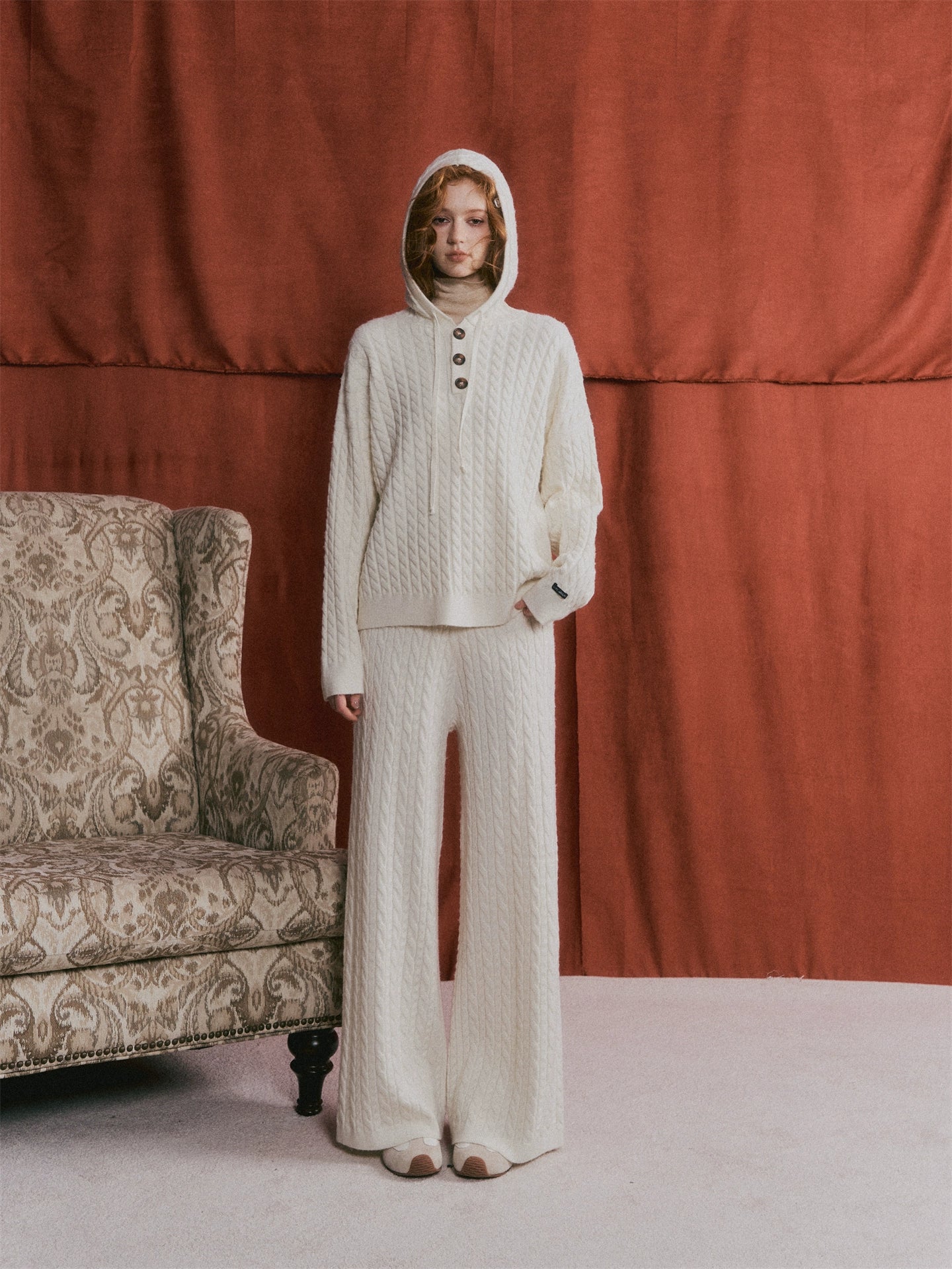 Wool Blend Cable-Knit Hoodie &amp; Wide-Leg Pants Set