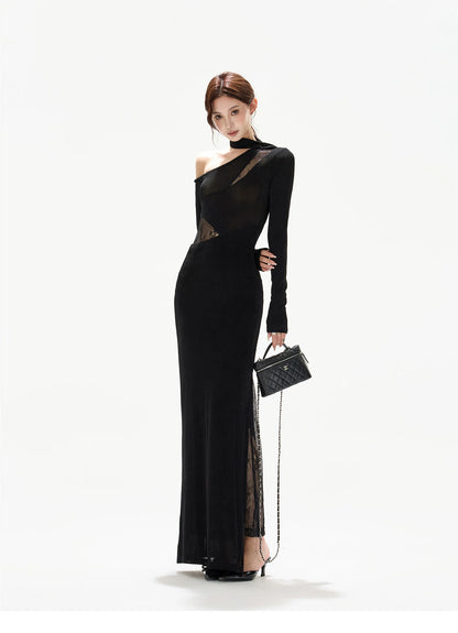 Asymmetric One-Shoulder Knit Evening Dress