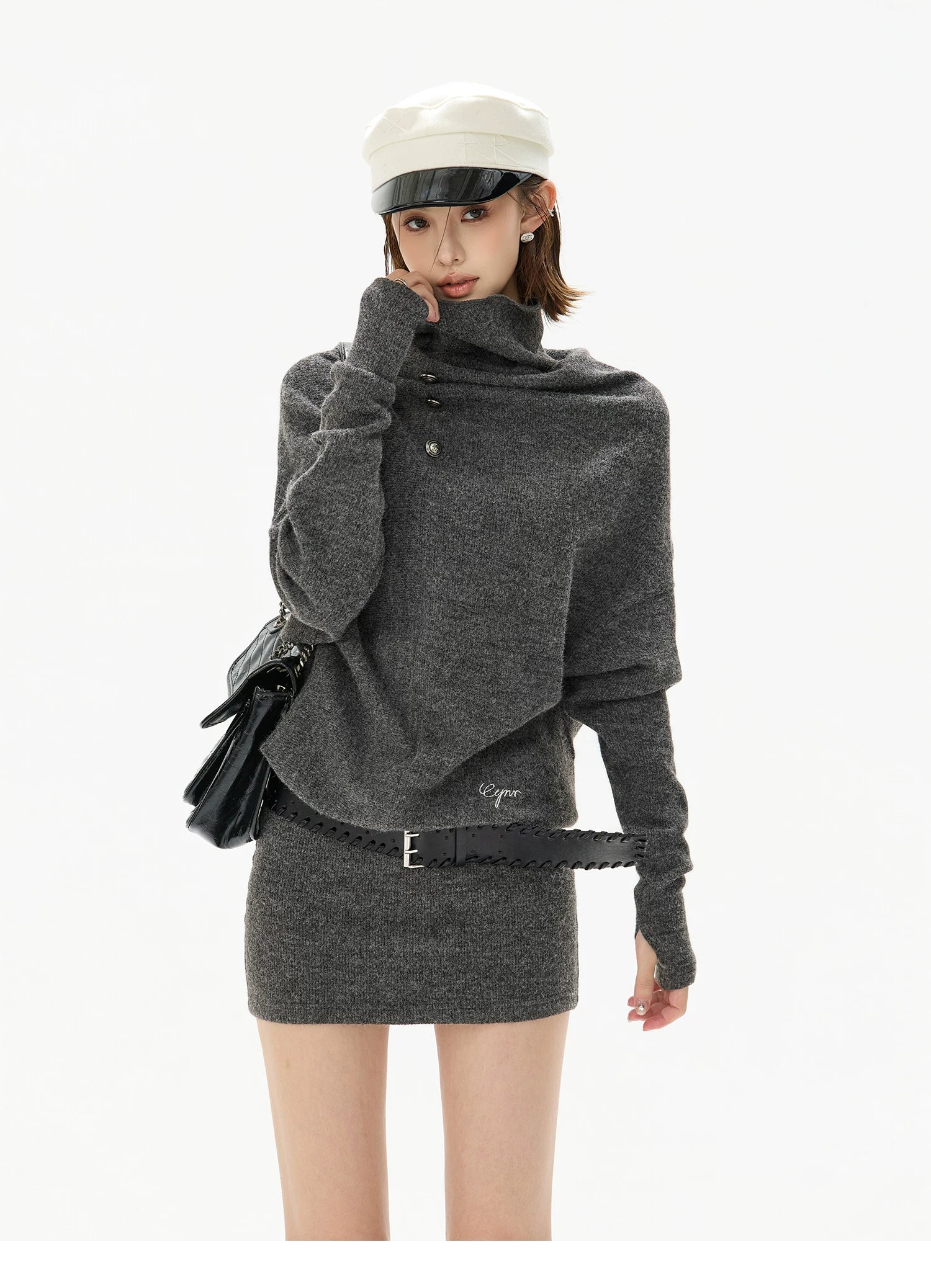 Cowl-Neck Wool Knit Mini Dress