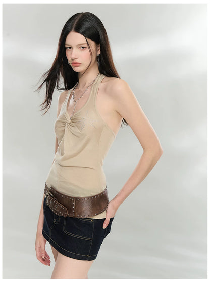 Rhinestone Knot Halter Knit Vest