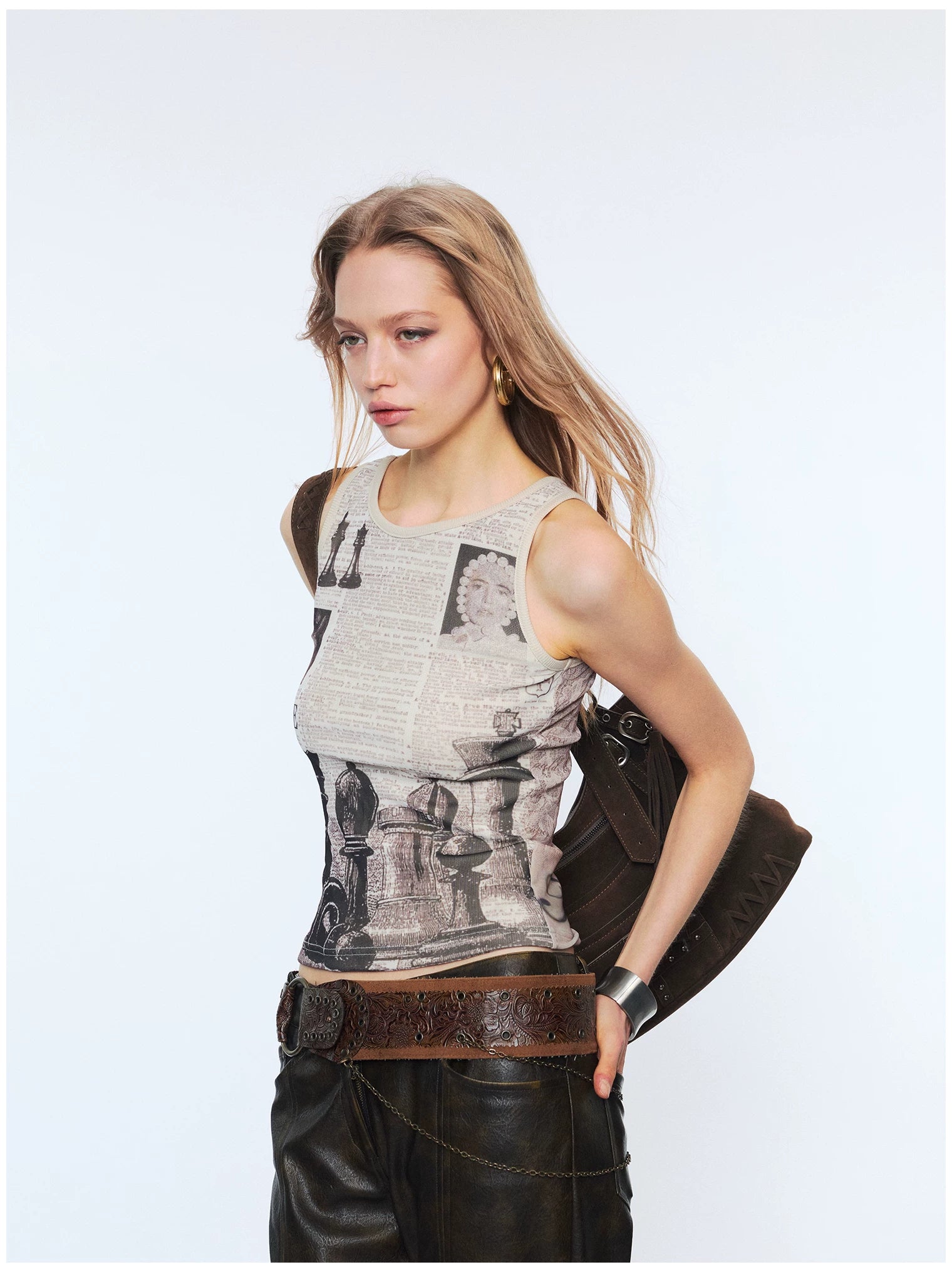 Reversible Newspaper Print Lace Panel Tank Top