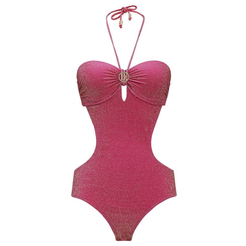 Rose Pink Sparkly Halter Bandeau One-piece Swimsuit