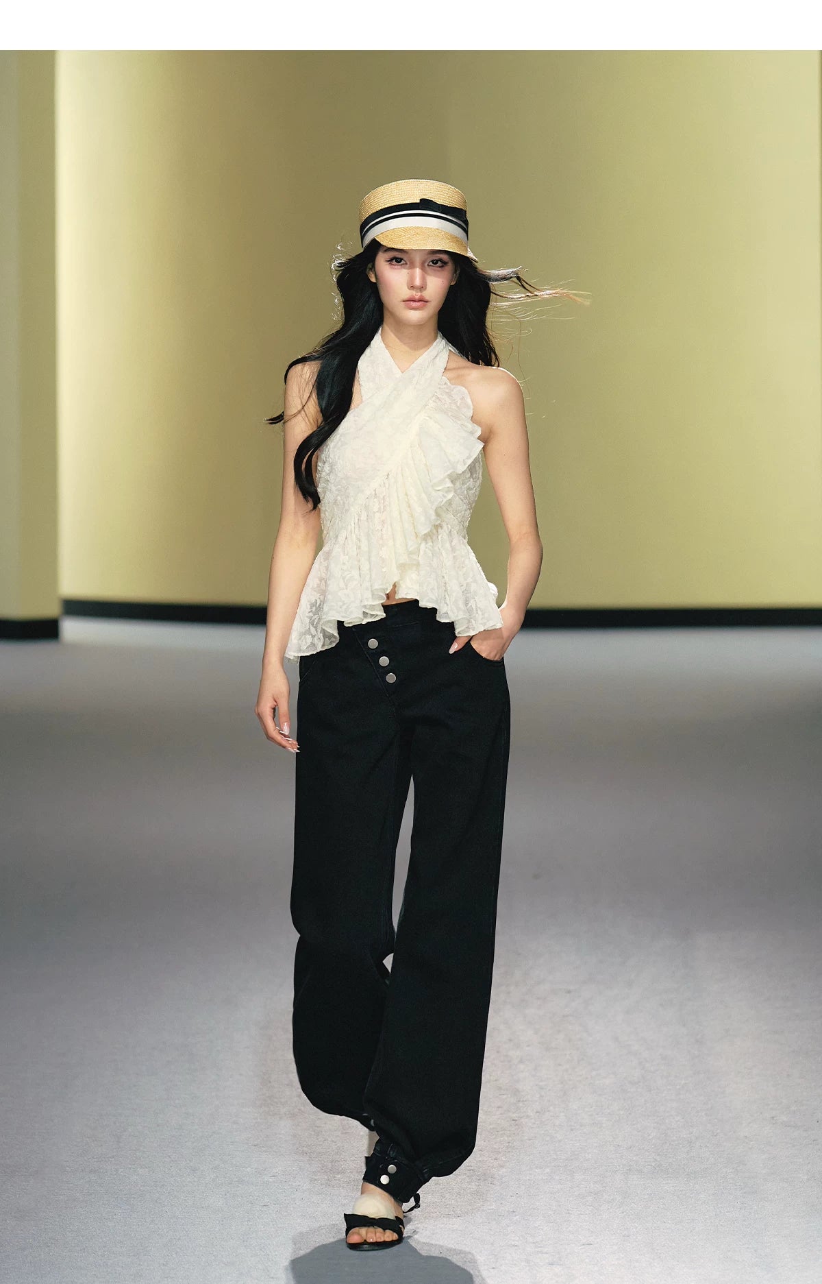 Asymmetric Placket Straight-Leg Denim Trousers