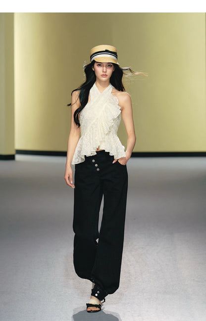 Asymmetric Placket Straight-Leg Denim Trousers