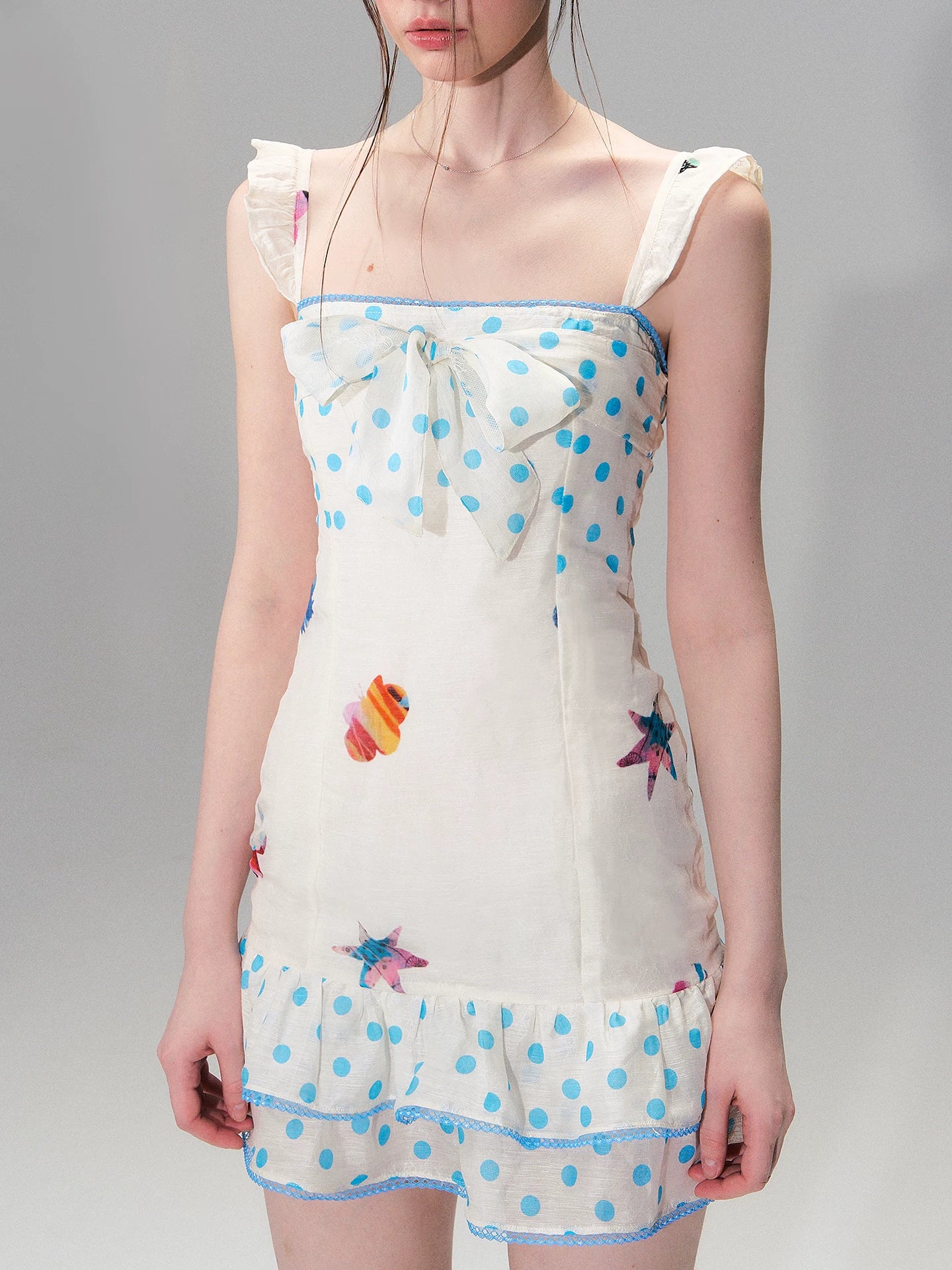 Vintage Contrast Print Flutter Strap Mini Dress