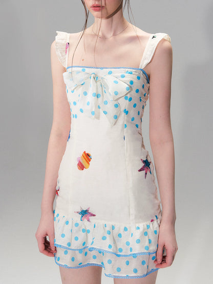 Vintage Contrast Print Flutter Strap Mini Dress