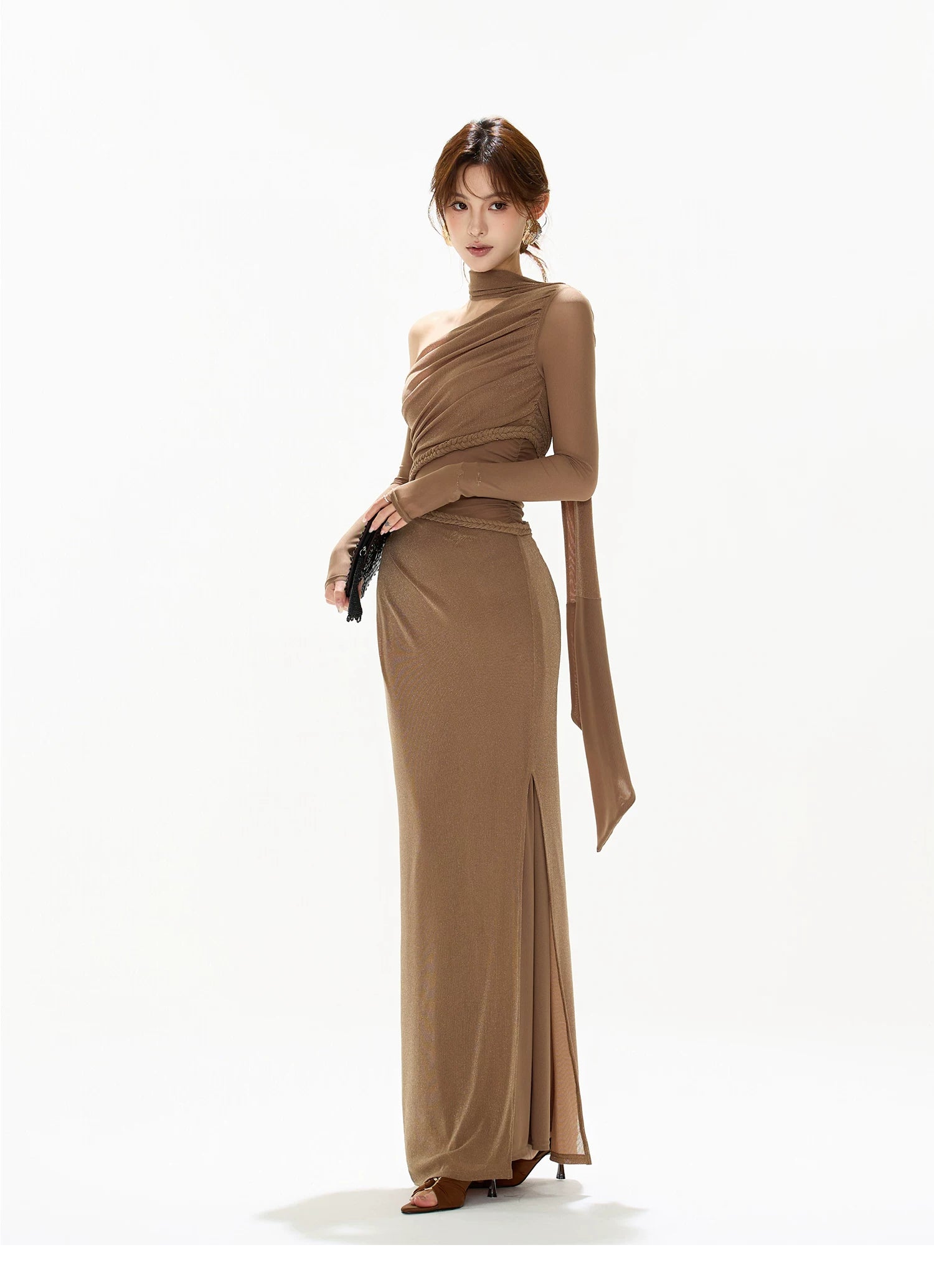 One-Shoulder Mesh Cut-Out Maxi Dress