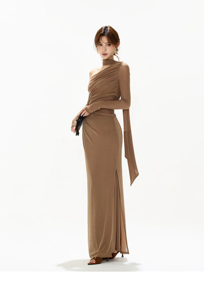 One-Shoulder Mesh Cut-Out Maxi Dress
