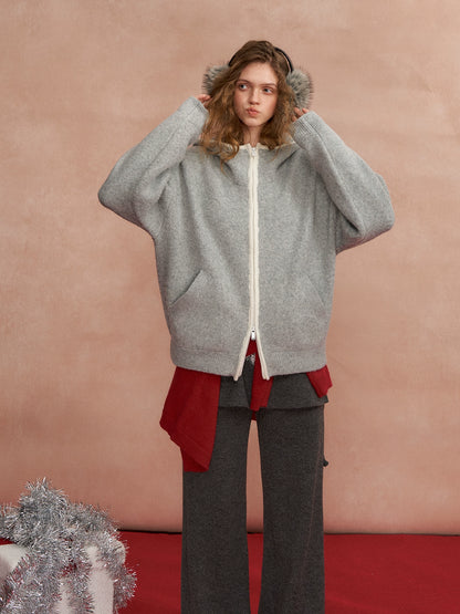 Relaxed Contrast-Trim Hooded Zip Cardigan